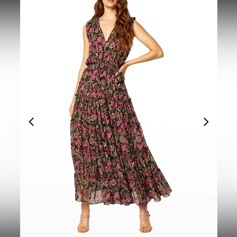 MISA Los Angeles “Hollen Sleeveless Split-Neck Tired Maxi Dress”